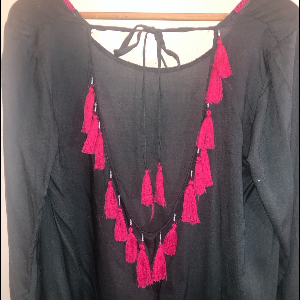 Grey bathing suit cover up with hot pink details